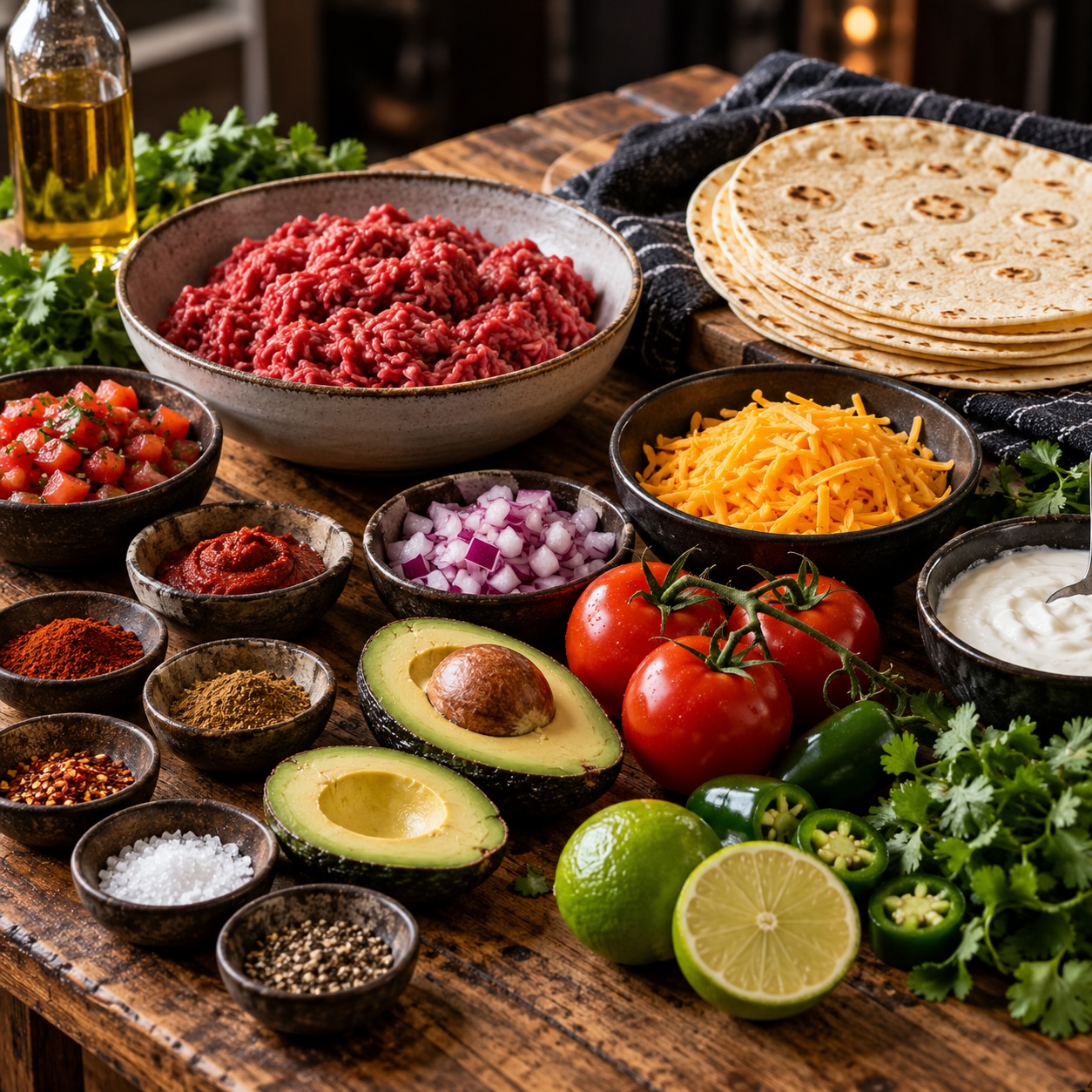 Zutaten für 15-Minuten Beef Tacos mit Rinderhackfleisch, Tortillas, Tomaten, Avocado, Limette und Cheddar